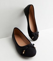 New Look Black Leather-Look Ribbed Metal Trim Bow Ballerina Pumps